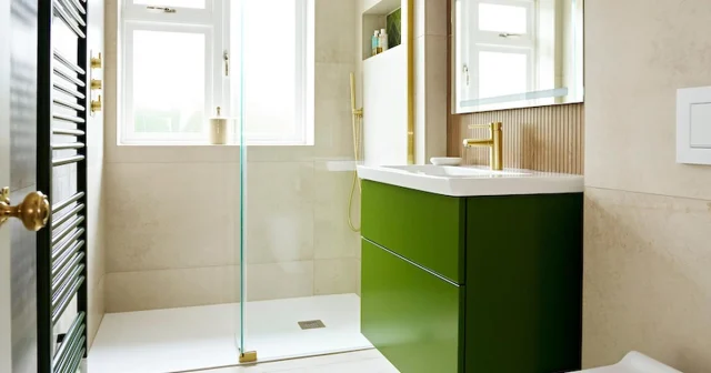 NEW PROJECT ALERT!!! The striking green bathroom vanity unit works so well against the ribbed timber tiles and brushed brass fittings of this recently completed project in East Grinstead. Please contact us if you would like to talk about your upcoming bathroom project. www.thebrightonbathroomcompany.co.uk :)