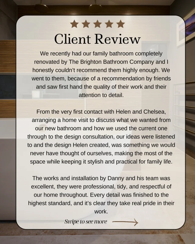 Customer review 😊

We are so blown away with this review by one of our recent customers!

It's a long one but definately worth the read. 

Thank you so much to Louise for taking the time to give us this google review , it was a pleasure working with you to create your new stunning bathroom. 

Are you interested in upgrading your bathroom?  Why not get in touch and book a free design appointment today.

 #customerreview  #smallbusinessuk #brighton #eastsussex #westsussex #bathroomrenovation #bathroomupgrade  #interiorstyle #smallbathroom