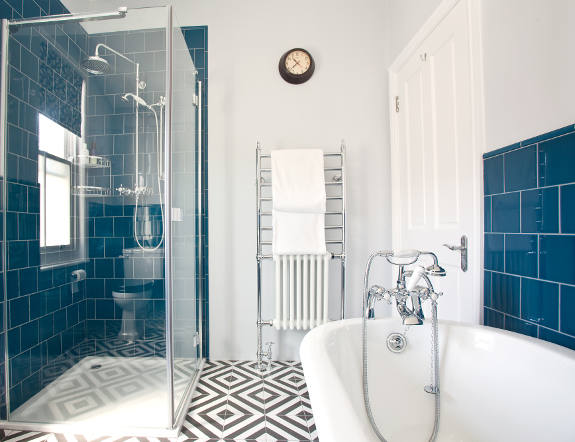 Blue and white bathroom design image