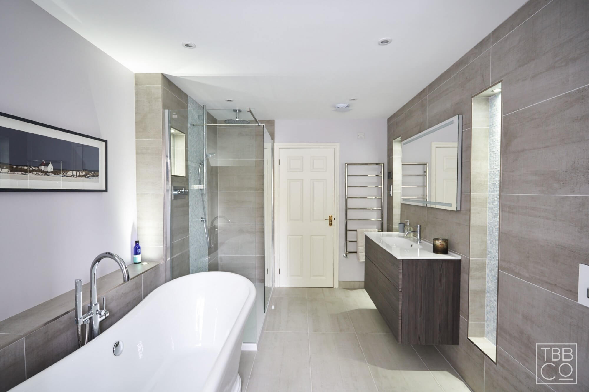 Contemporary Bathroom Design with Freestanding Boat Bath and Timber Vanity