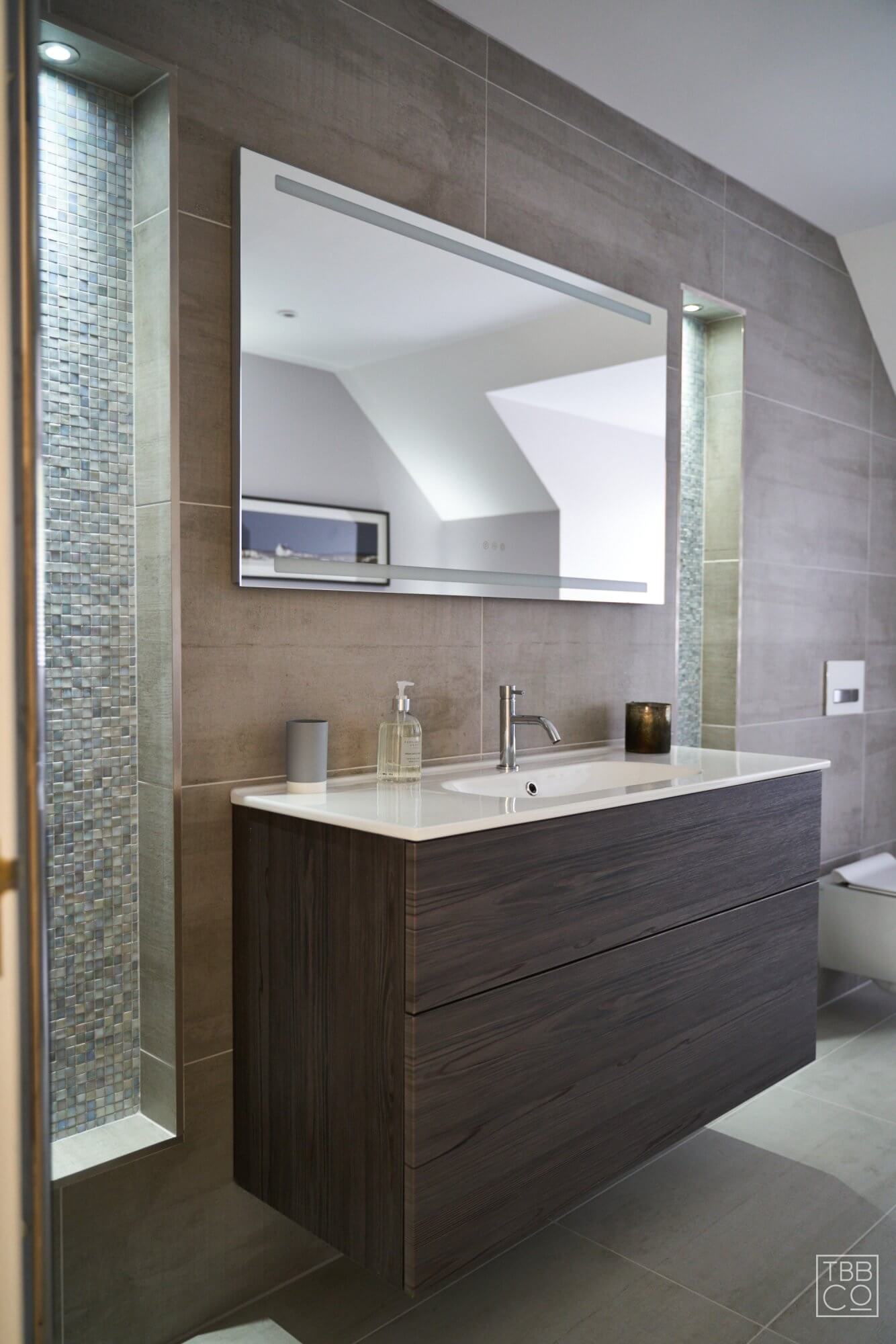 Timber Bathroom Vanity with Large Bathroom Mirror Above