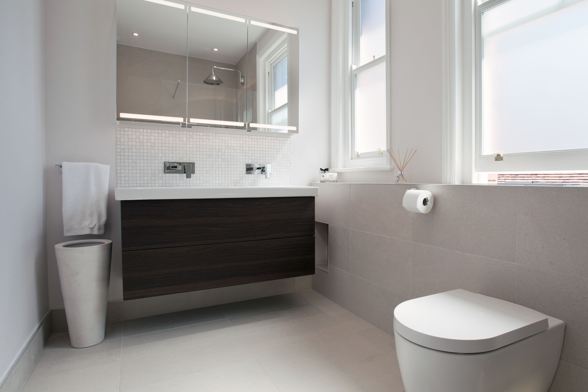 Wall Hung Toilet Timber Bathroom Vanity and Neutral Bathroom Design in Hove