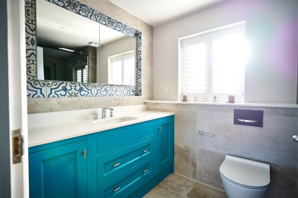 Bright blue bathroom vanity