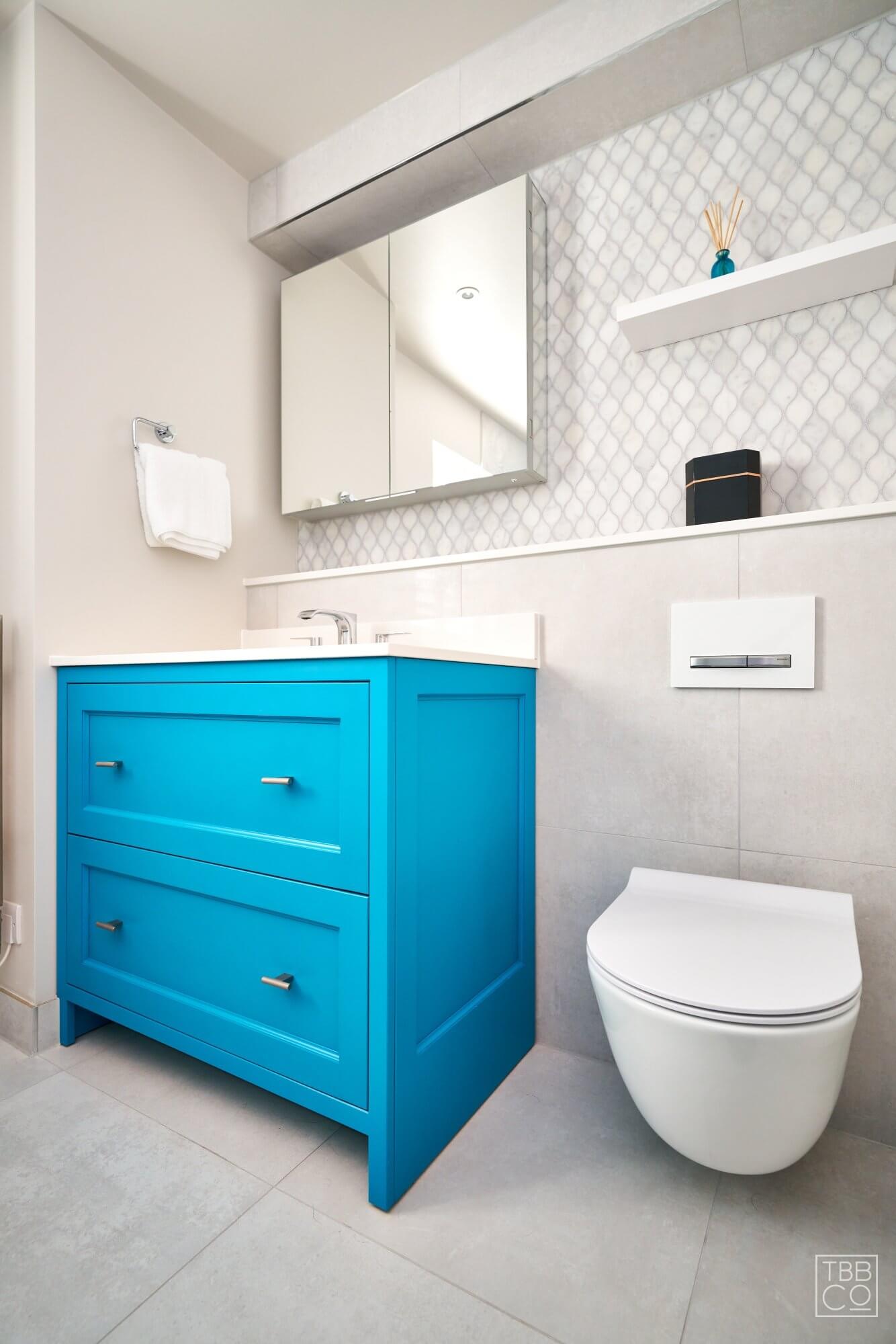 bright blue bathroom vanity